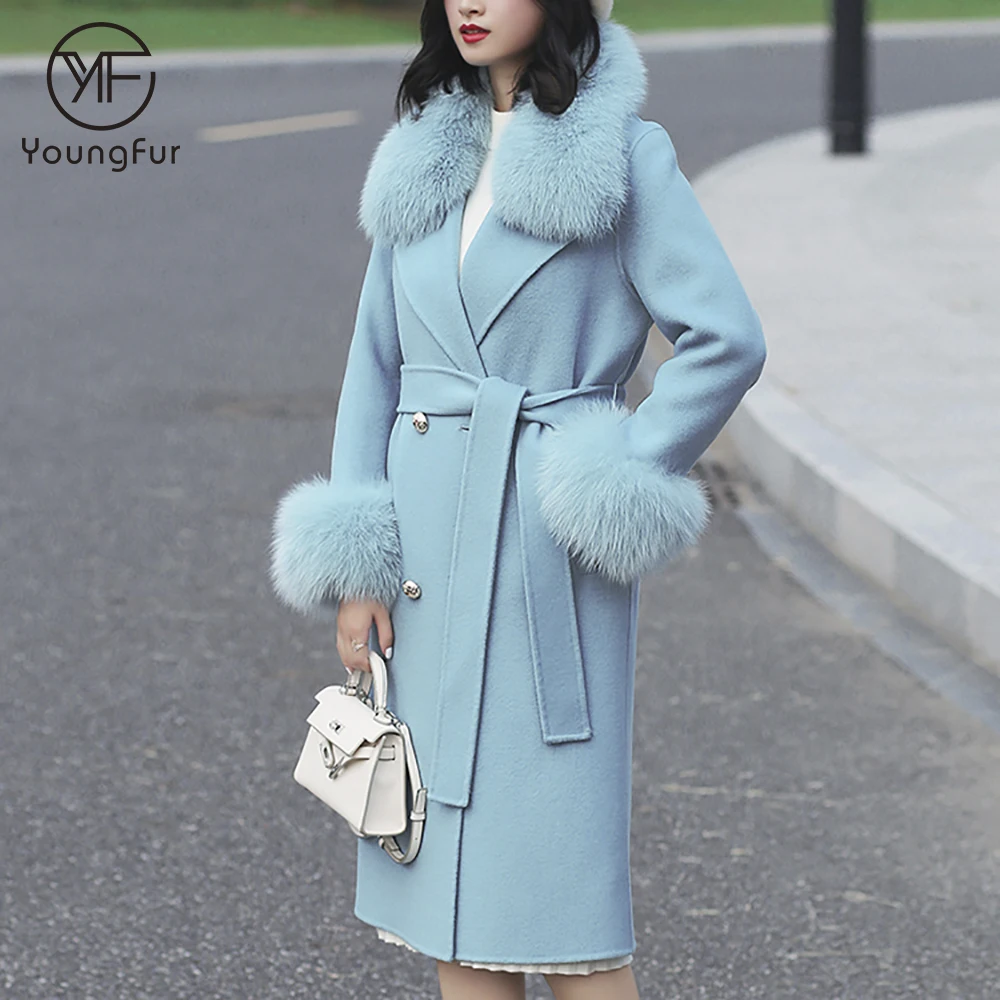 Celebrity winter clothes double breasted overcoat fox fur trimmed women jacket long length winter wool coats