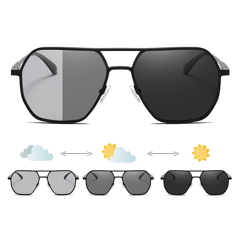 Fashion Metal Frame Oversized Polarized UV400 Photochromic Sunglasses Men Driving Fishing Change Color Sunglasses For Male