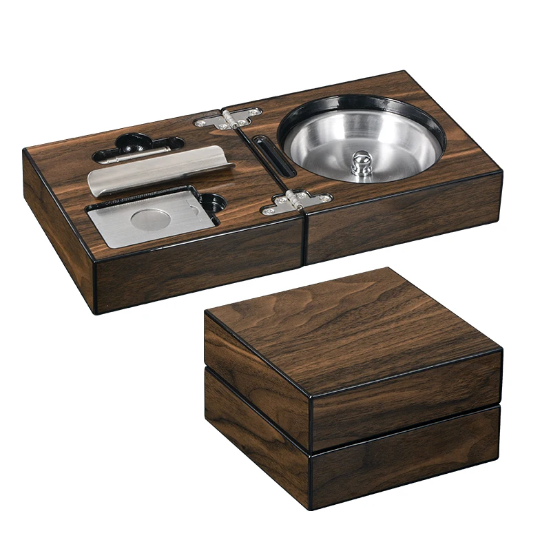 High quality cigar ashtray glossy surface folding cigar accessories set new design wooden cigar ashtray
