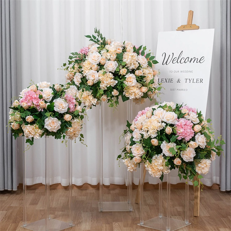 New Champagne Pink Blue Red Artificial Flower Ball Rose Hydrangea Leaves Floral Ball for Wedding Home Party Table Centerpiece