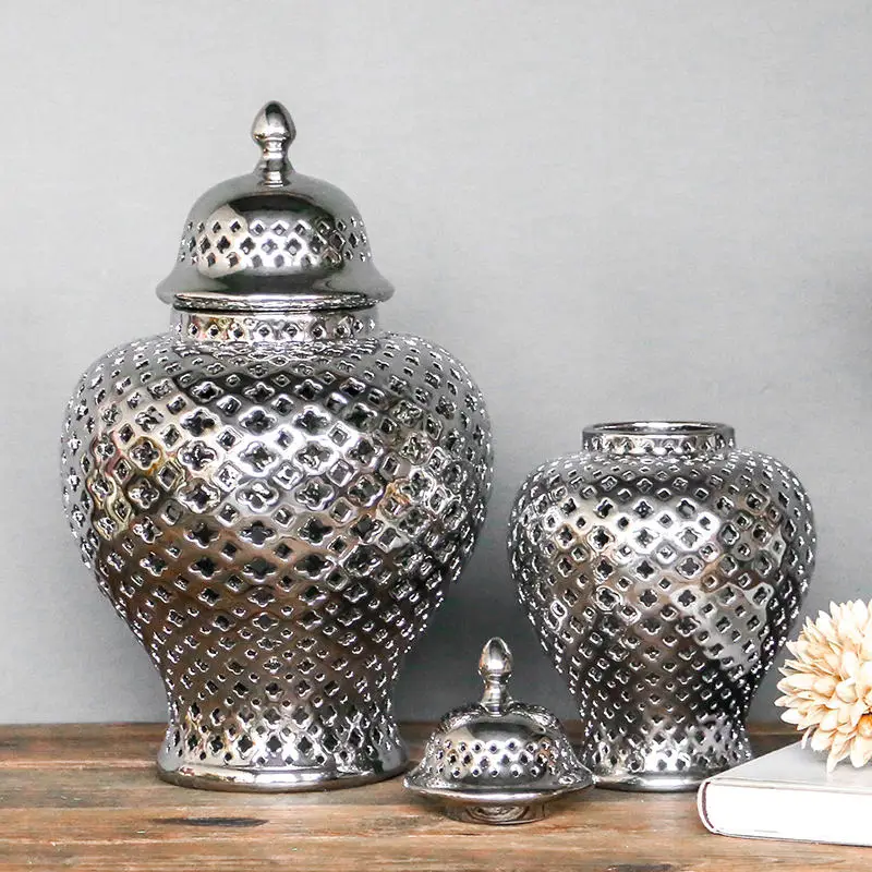 Hot Sale Hollow Out Large White Ginger Jar Vase Porcelain Gold Silver for Home Decor Ceramic &