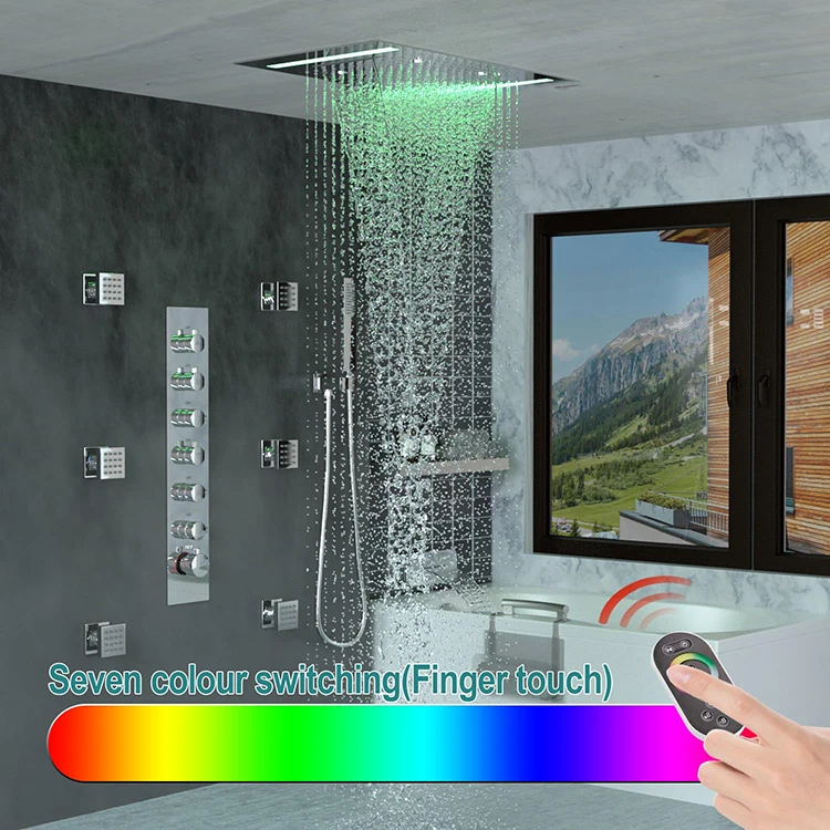 Bathroom LED Shower System Large Waterfall Rainfall Shower Panel with Square Body Spray Jet