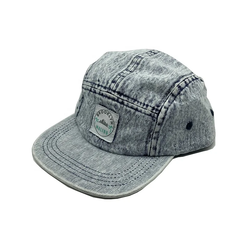 Classical Blue Acid Wash Denim 5 Panel Snap Back Cap and Hat With Custom Logo Patch for Kids