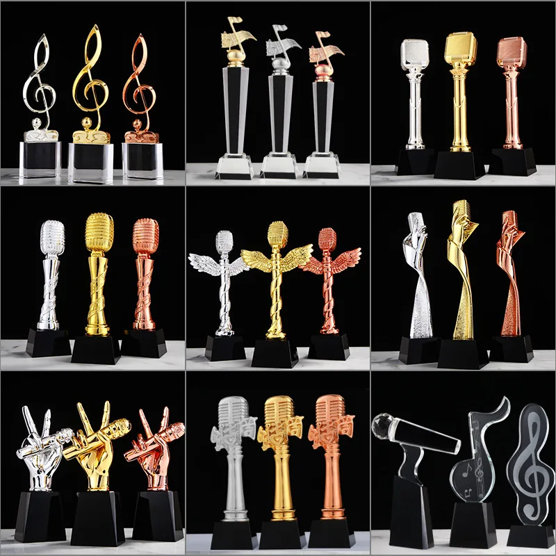 Custom Resin K9 Crystal Singer Music Award Voice Contest Gold Host Musical Note Microphone Trophy