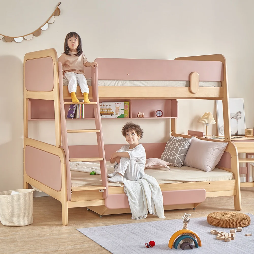 Only B2B Boori Children Furniture Modern Solid Wooden Kids Bunk Bed In Pink Color For 3 Children Teenargers