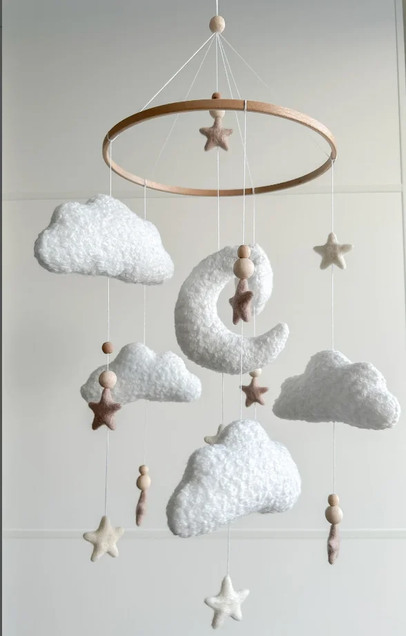 Boucle clouds and moon baby mobile Neutral nursery mobile Clouds Felted stars mobile
