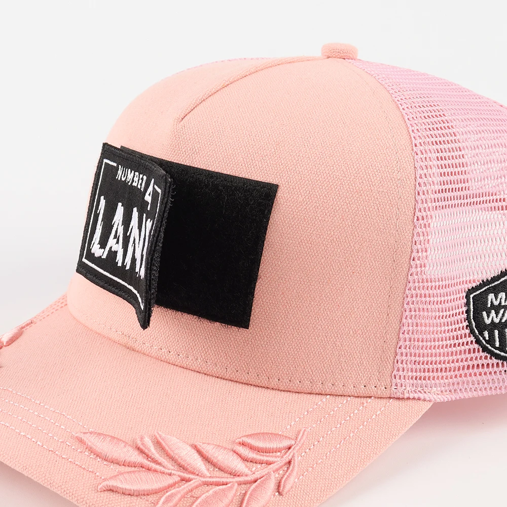 Personalized Pink Trucker Hat Wholesale Pull Patch Structured Snapback Printed Inner Tape Mesh Caps With Flat 3D Embroidery Logo