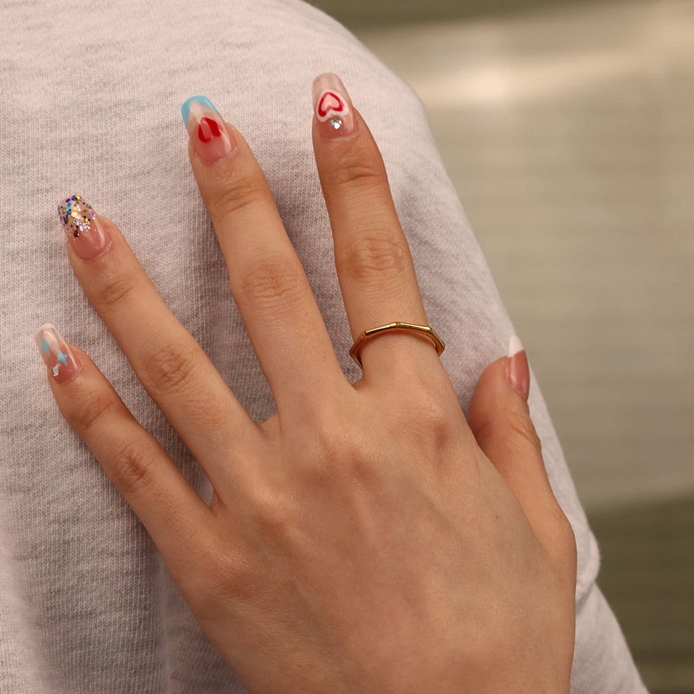 Chris April Vintage non tarnish 18k PVD plated 316L stainless steel minimalist knuckle  thin finger bamboo ring