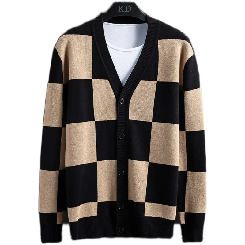 Fashion Bright Colors Men Grid Sweater Jacquard Plus Size Jackets Casual Lazy Style Jumper Coat