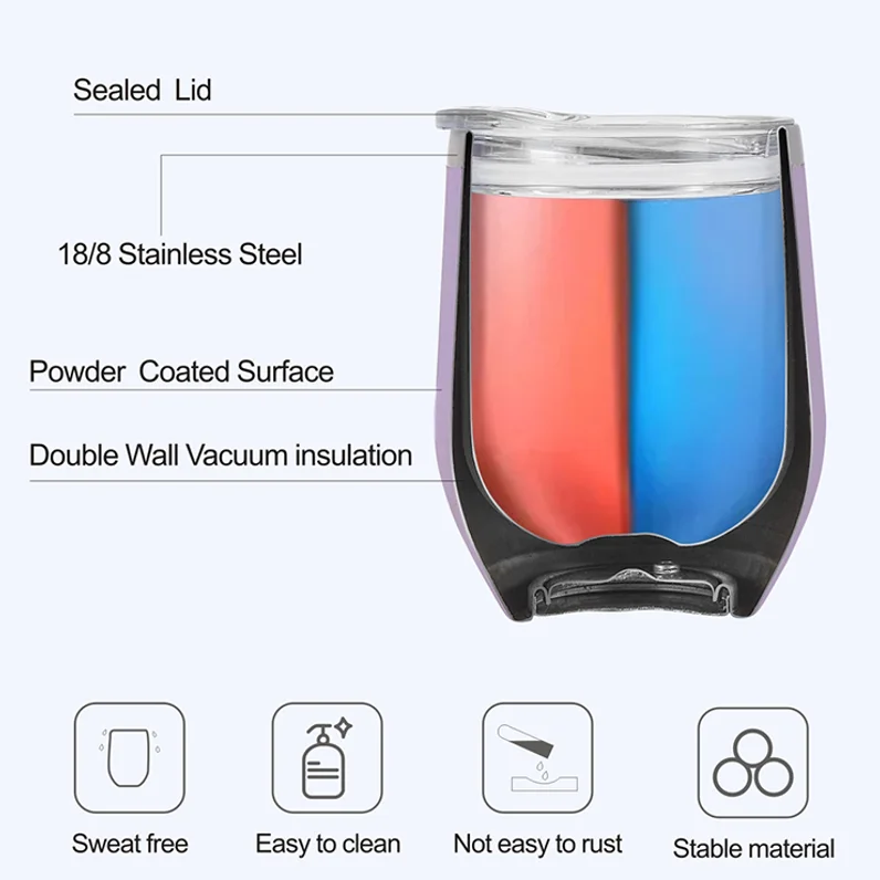Watersy Double Wall Insulated Stainless Steel 12oz Powder Coating Wine Glass Tumbler Coffee Beer Cups With Sliding Lid for Gift