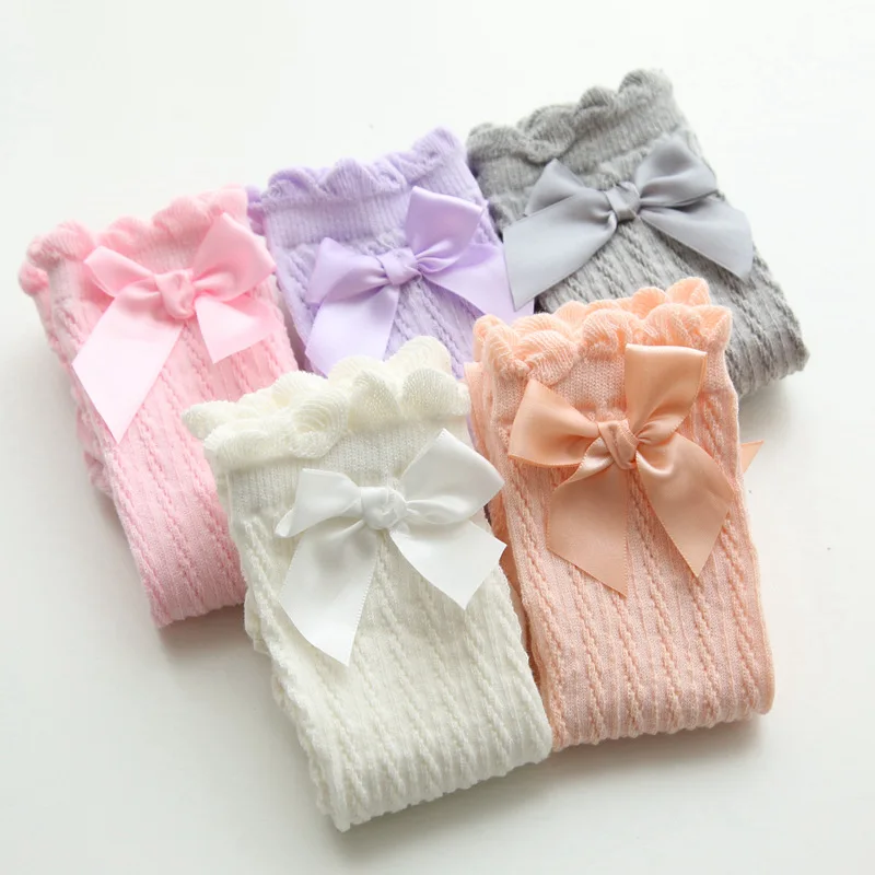 Girls Breathable Mesh Cable Knit Knee High Socks With Satin Bow Decorative Accessories Bowknot Lace Ruffle Princess Socks