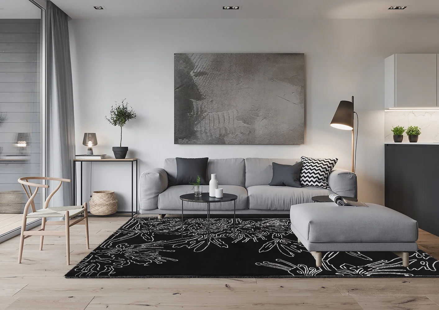 Chinese Floral Luxury Black and White Rug Acrylic Silk Floor Carpet