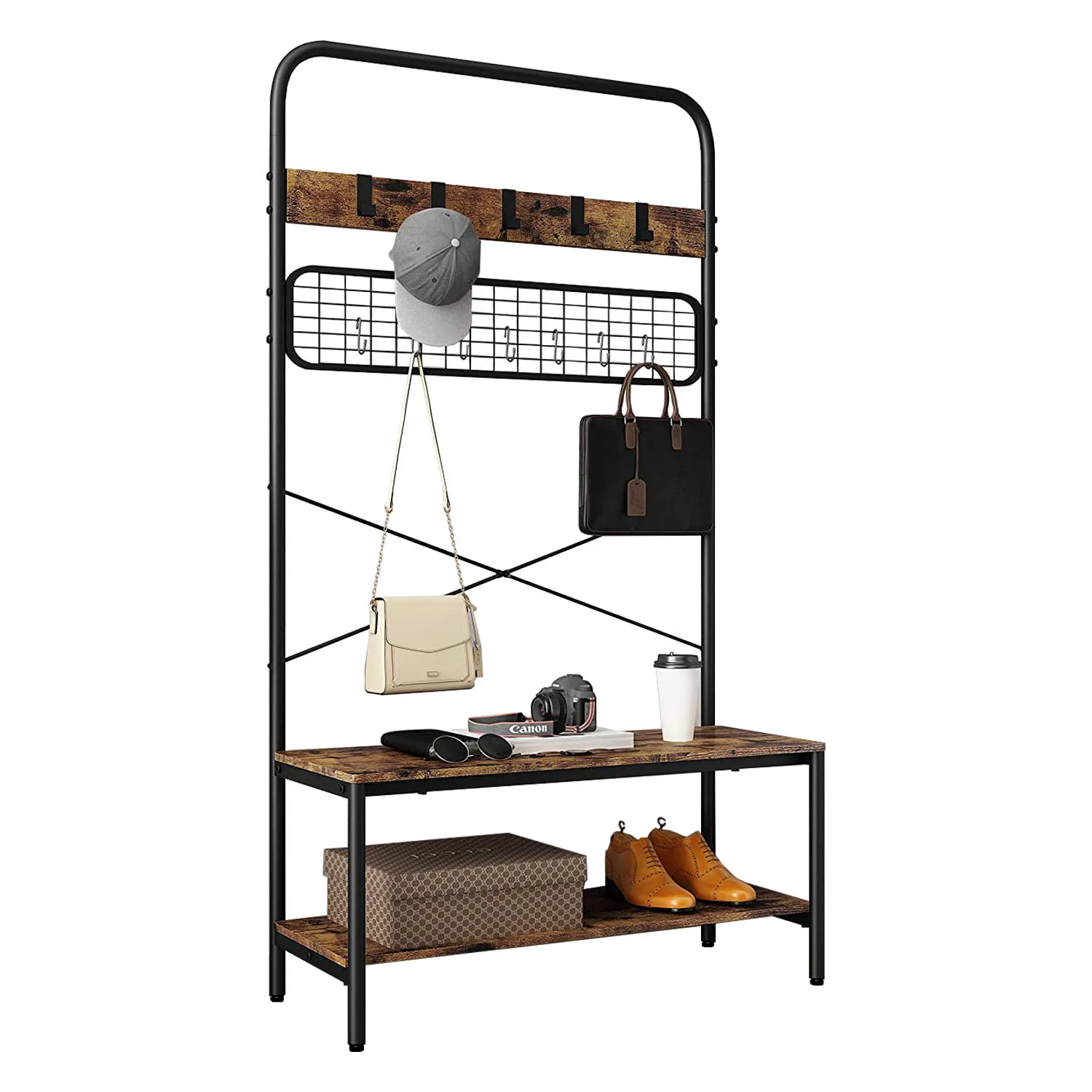Wholesale Entryway Coat Stands Wooden Metal Hall Tree Coat Rack Standing Coat Racks with Storage Bench Shelf