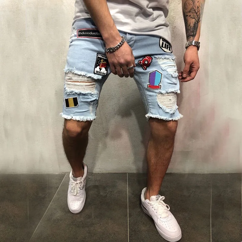 Men Broken Hole Cowboy Shorts Stretchy Ripped Skinny Embroidery Print Casual Jeans 2021 Pure Color Cartoon Slim Blue Denim Short