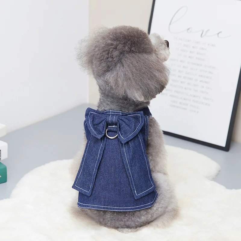 Spring Summer Pet Clothes Big Bow Tie Denim Dog Dress Shirt Suit with D-ring Leash Hole