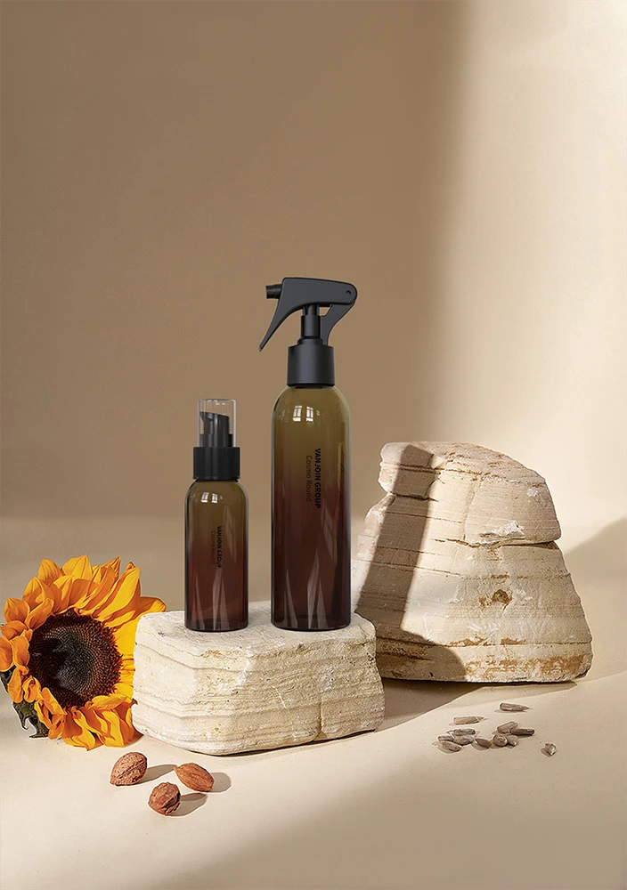 4oz 8oz Cosmo Round Rpet pcr pet plastic serum sprayer lotion bottle 120ml 250ml custom clear frosted matte cosmetic bottle