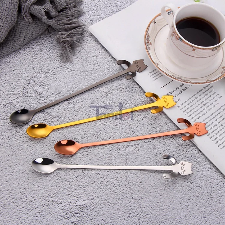 Cat Design Edible Cartoon Silver Black Table Long Handle Brass Korean Stainless Steel 304 Gold Coffee Milk Tea Spoons Ice Spoon