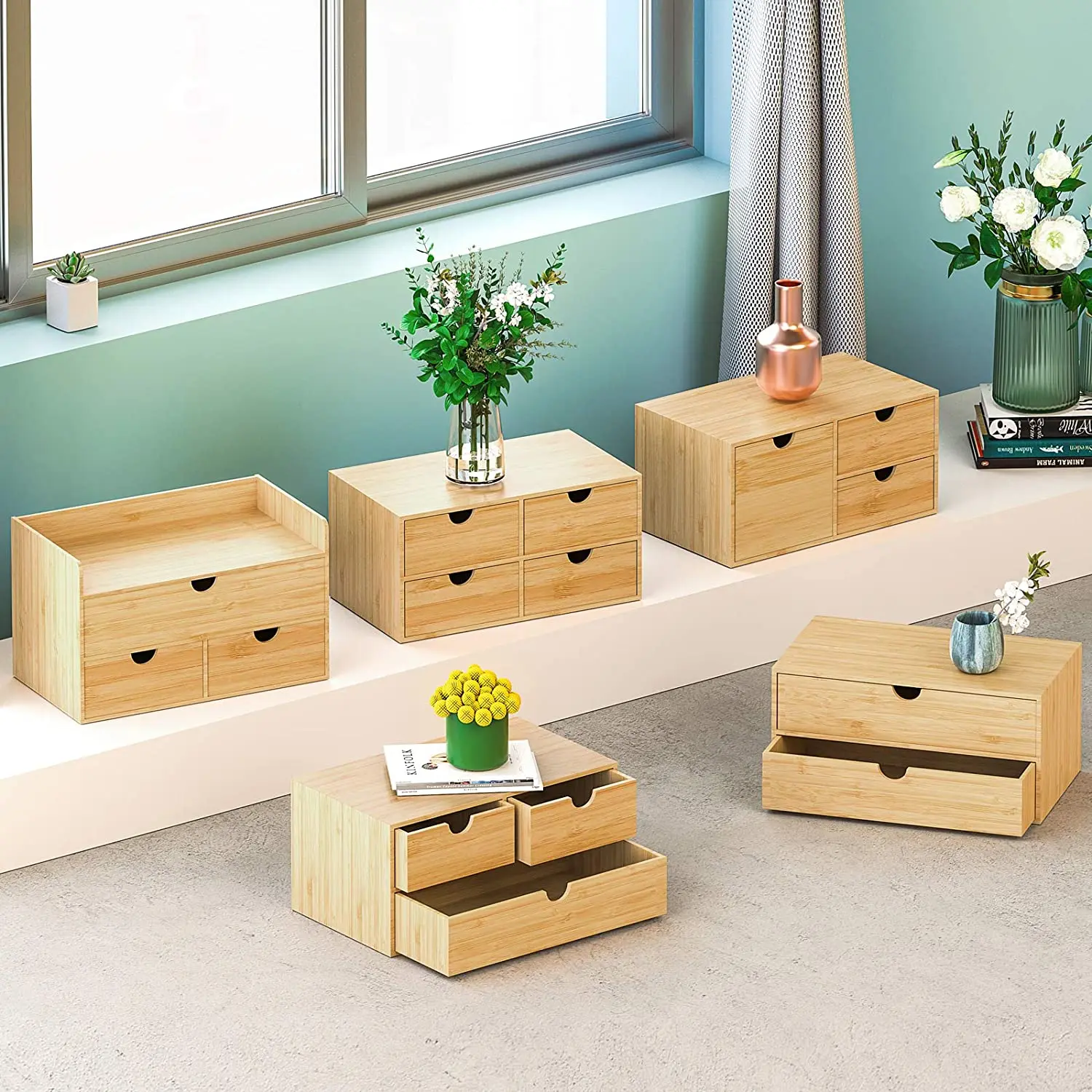 Bamboo Desk Organizer Mini Bamboo Desk Drawer Tabletop Storage Organization Box for Office Home Toiletries Supplies