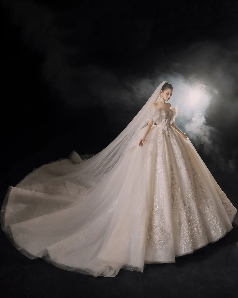 White luxury weeding dress collection 2022 sparkly tulle bow sleeves robe de mariage arab reception dress for bride