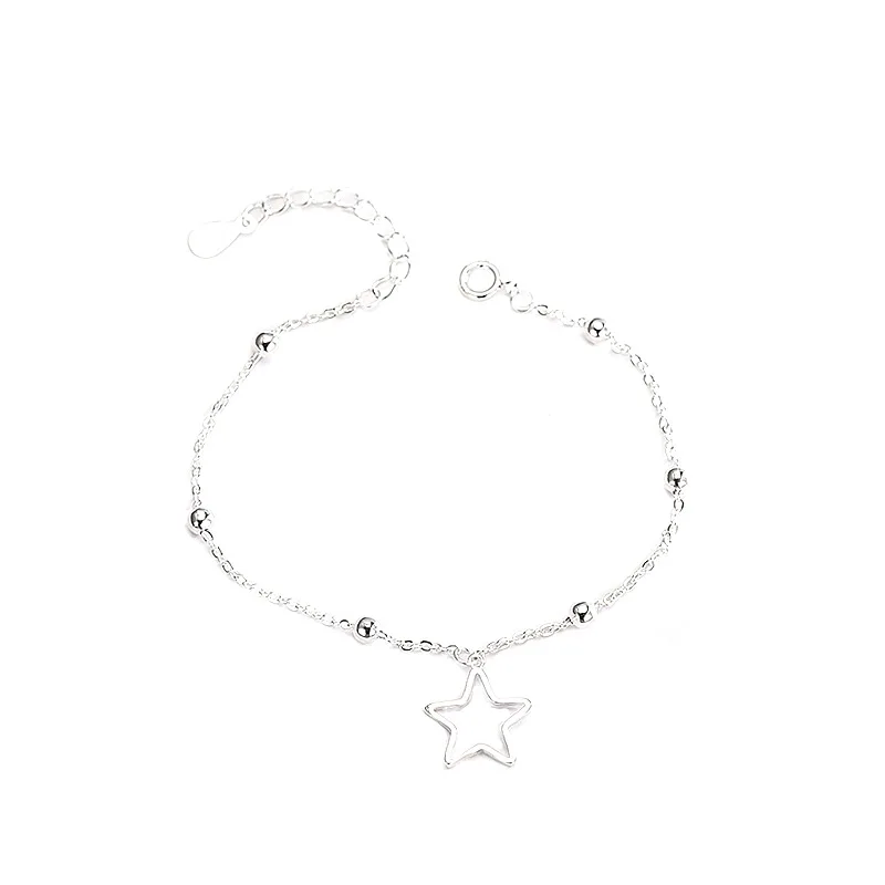 Simple 925 Sterling Silver Plated Fashion Jewelry Beaded Chain Five-Pointed Star Charm Bracelet for Women Party Wedding