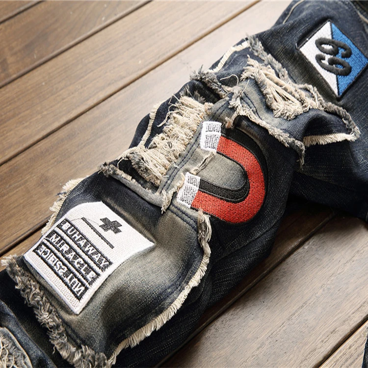  Мужские джинсы с вышивкой сильный узор эластичные штаны