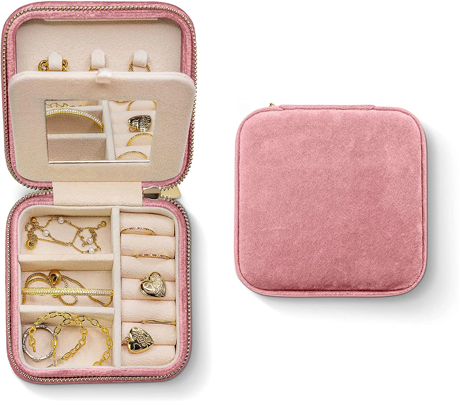 Custom High Quality Women Portable Mini Square Pink Storage Travel Organizer Bracelet Zipper Case With Mirror Velvet Jewelry Box