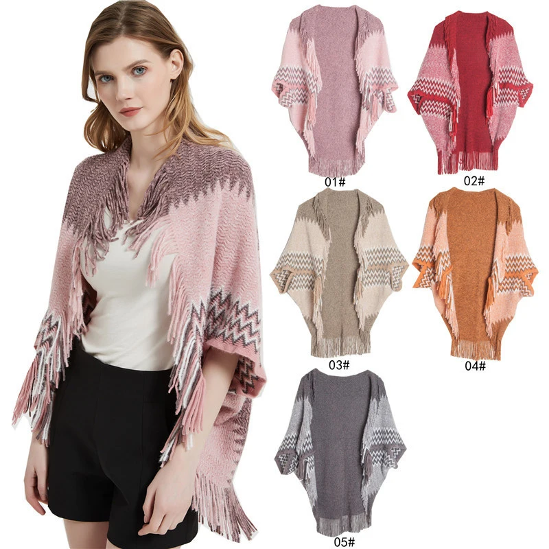 Wholesale  Winter Ethnic Wind Scarf High Quality Wool Cashmere Poncho Shawls Knitted Cover-up With Tassels Thick Cape Blanket