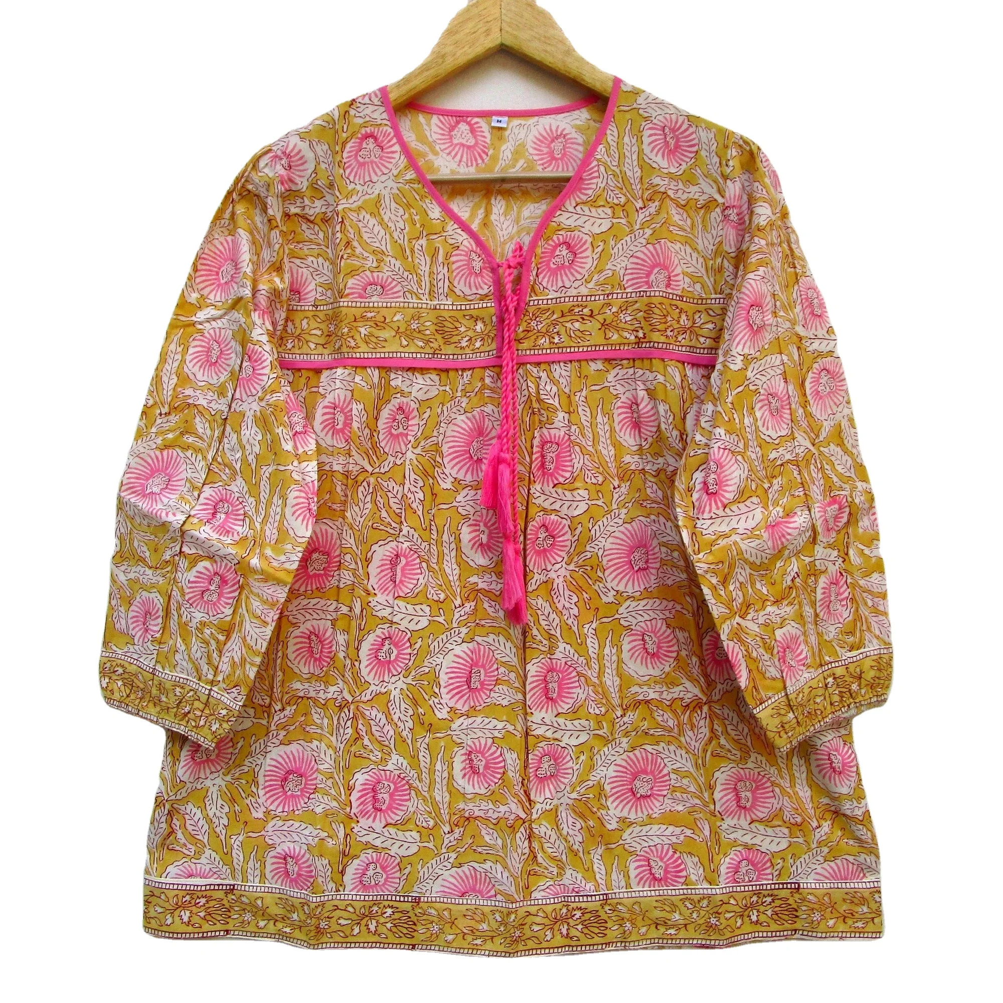 Beautiful blossom sunflower cotton women tops and blouse - v neckline with tassel blouse and tops