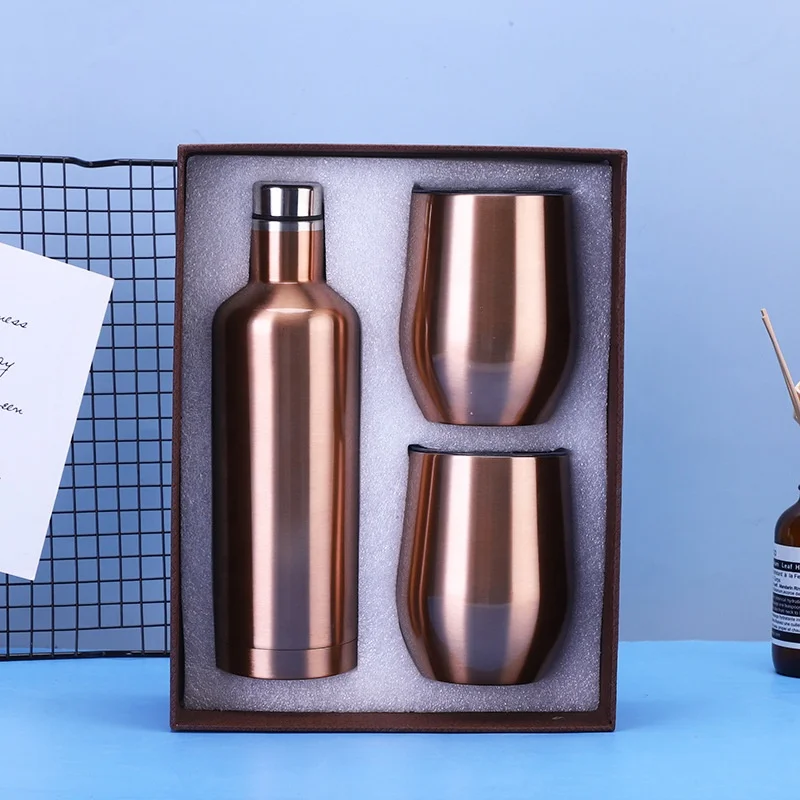 luxury insulated stainless steel wine tumbler chiller gift set with lid straw birthday 2*12oz tumbler 17oz wine bottle gift box
