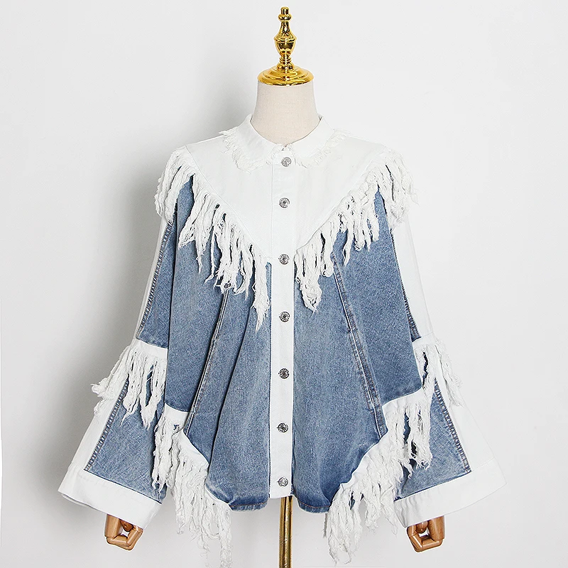 CHICEVER Patchwork Tassel Denim Jacket Lapel Long Sleeve Streetwear Coat Fall Clothing For Women Jackets