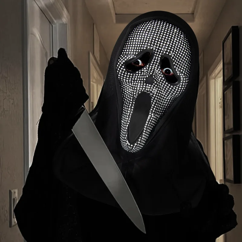 Halloween Carnival Screaming Ghost Mask w Hood Carnival Ball Scary Masks Horror Face Creepy Rhinestone Masks