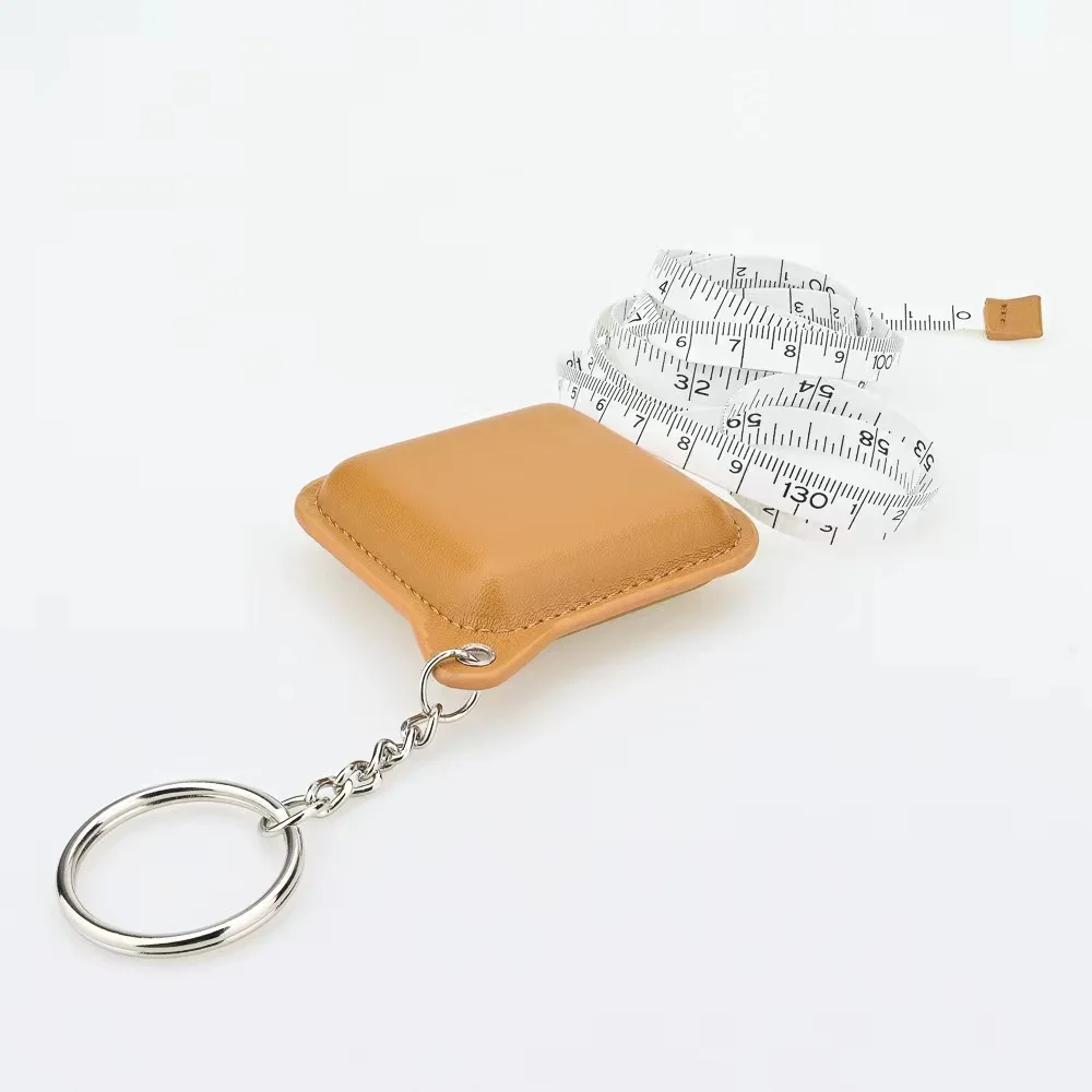 Custom logo debossed square shape yellow leather cover mini tape measure keychain