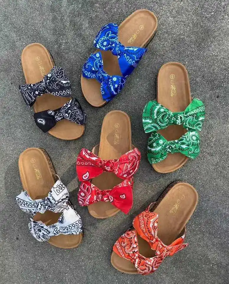 Women Slip On Satin Bow Slippers Summer beach flip-flops slippers cheap wholesale custom wedges slippers for plus size 43