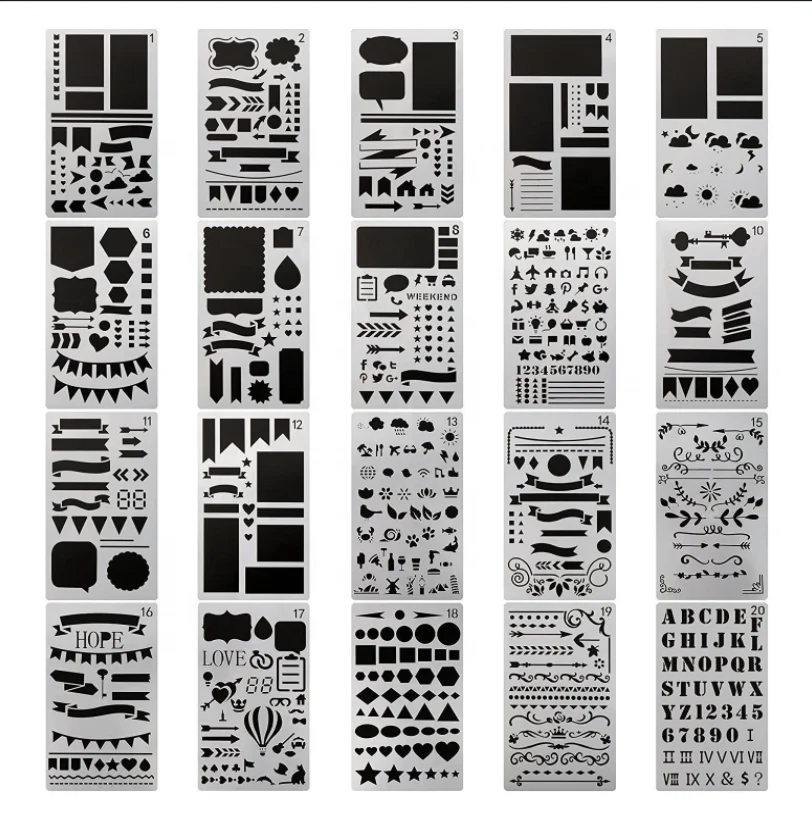 20 PCS Journal Stencils Planner Stencils for Junk Journal Notebook Diary Scrapbook DIY Drawing Template Journal Stencil