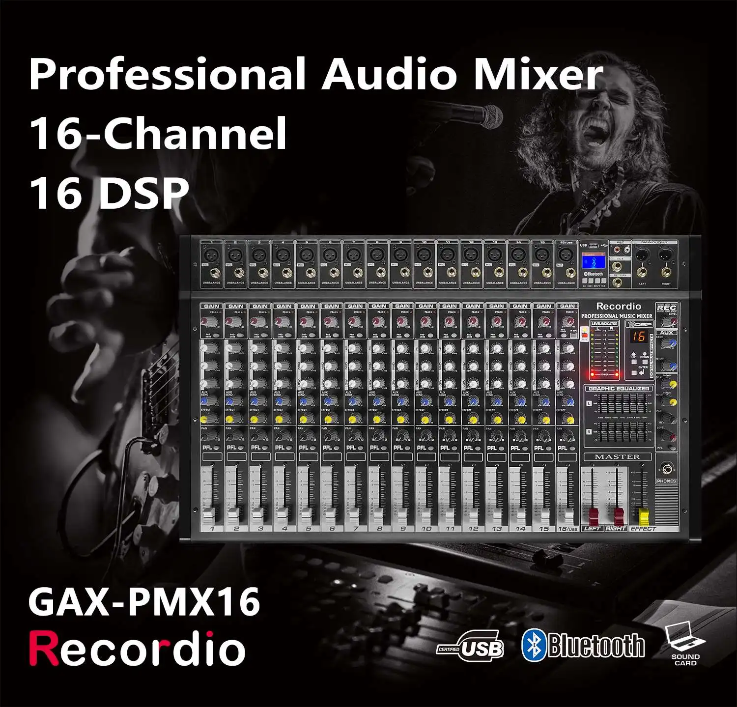 GAX-PMX16 Power Mixer +48V Phantom Power 2000W 16DSP Effects Blueteeth USB Computer Play Recording Mixing Console