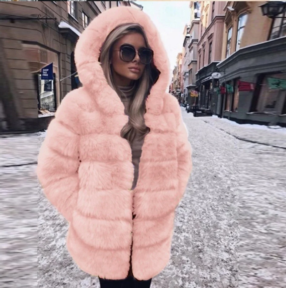 Winter 2021 New Design Women High Quality Long Faux Fur Plus Size Coats With Hoodie