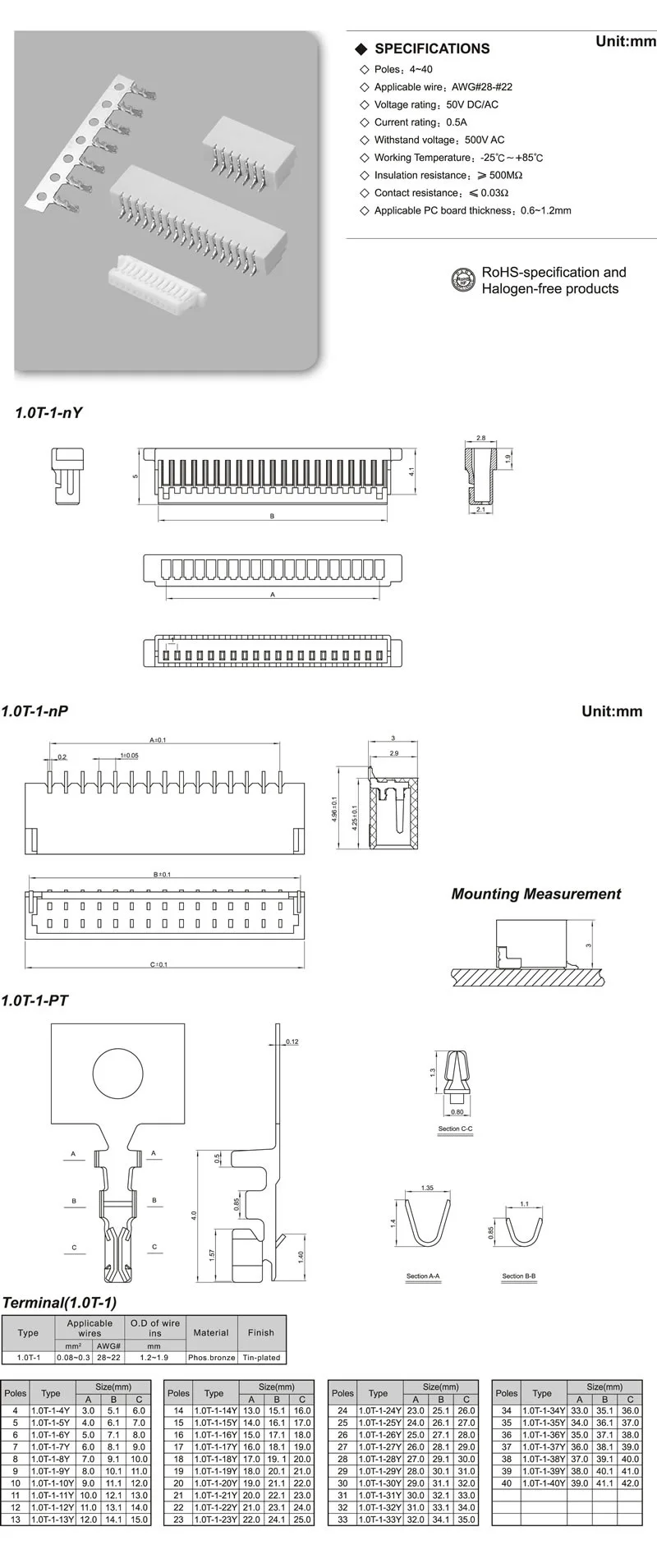 JST Molex equivalent 1.0mm pitch wafer housing crimp pcb connectors wire connector