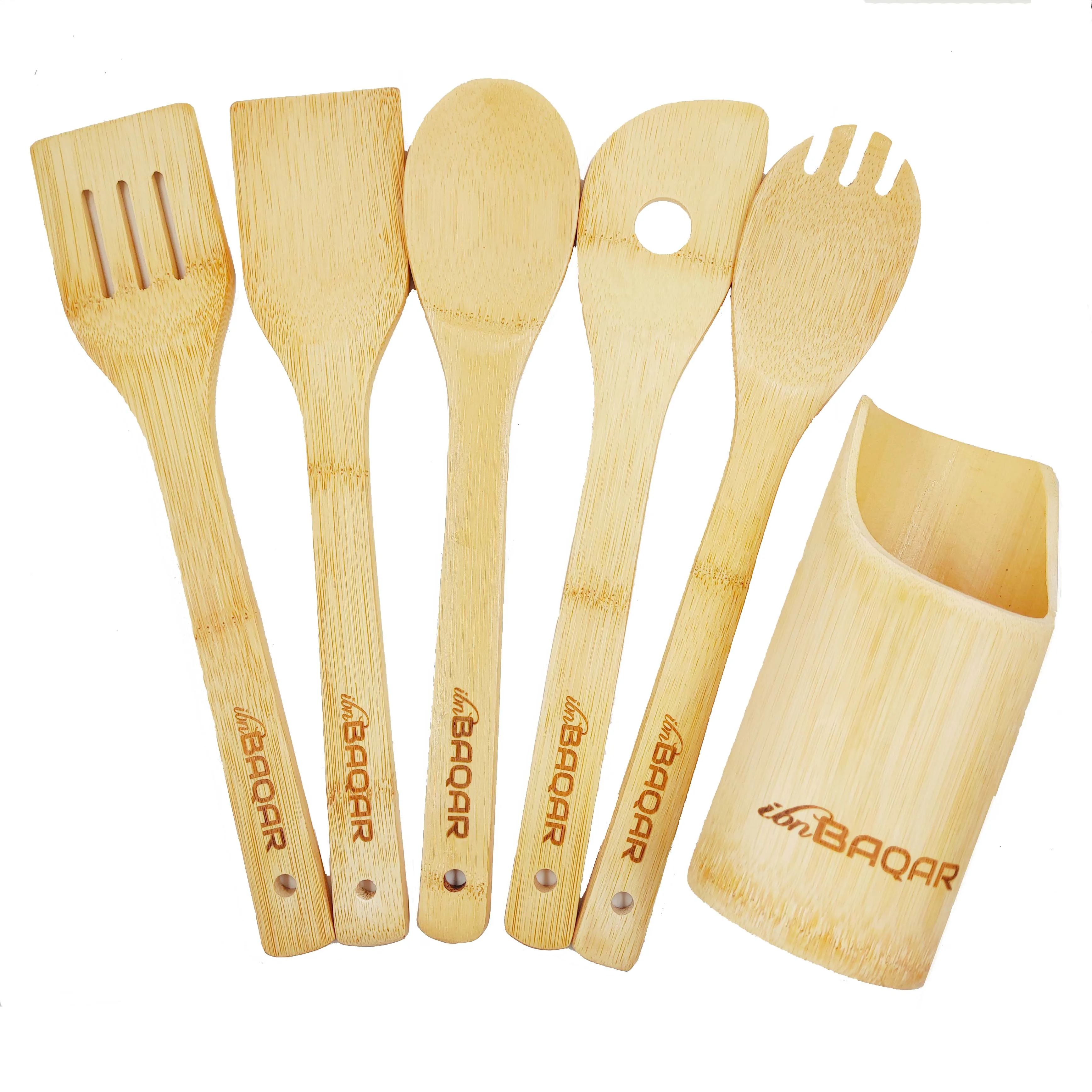 Long handle laser logo bamboo spatula for cooking utensil tool reusable wholesale  6 Pieces Bamboo Spoons & Spatulas