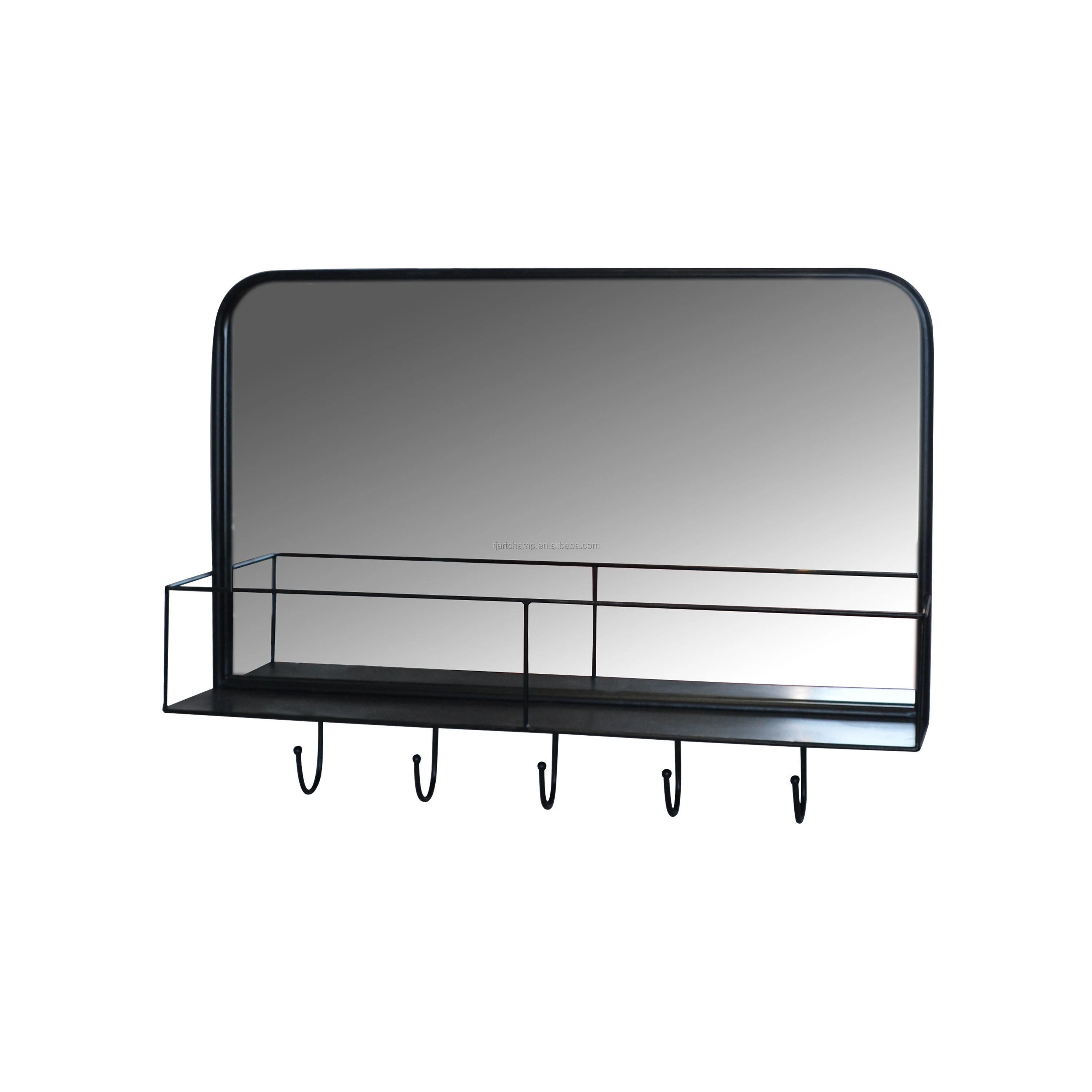 black long small metal black vanity wall mirror with shelf and hanger