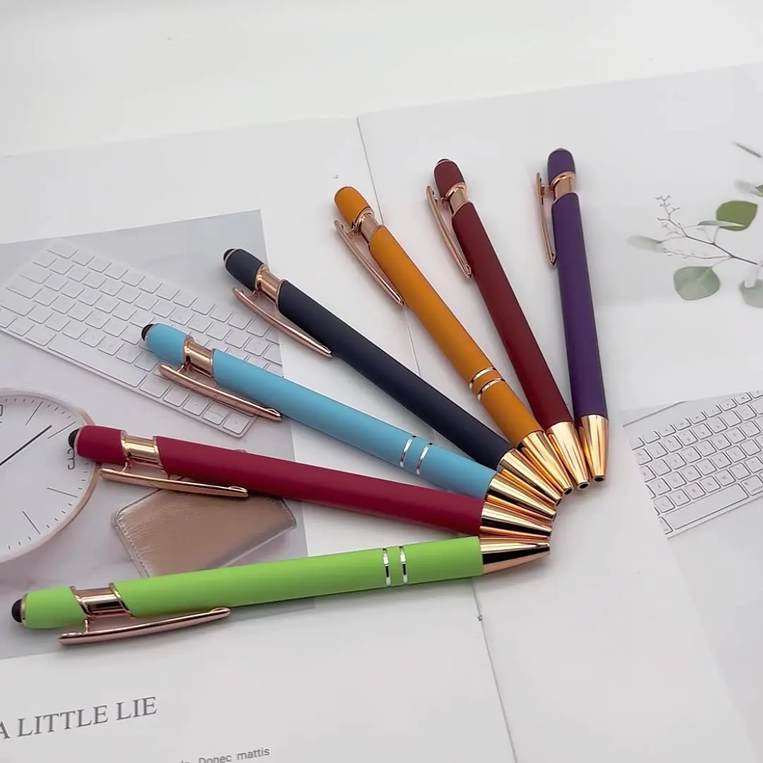 Business Gifts Ball Point Soft Cover Promotional Metal Rubberized Ballpoint Pen Aluminum Touch Stylus Custom Logo Pens