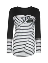 Лидер продаж, полосатая футболка с длинным рукавом и круглым вырезом для беременных женщин для грудного вскармливания