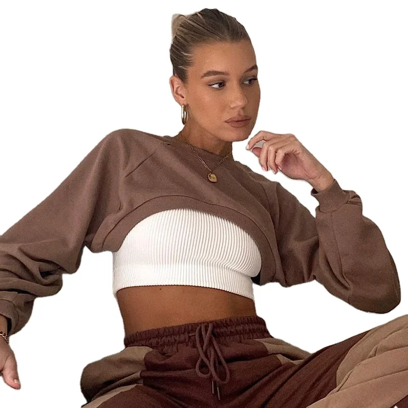 Brown Sweatshirt Femme 2021 New Long Sleeve Arm Women Round Neck Womens Pullover Sweatshirts Girls Croptop Hoodies Oversize