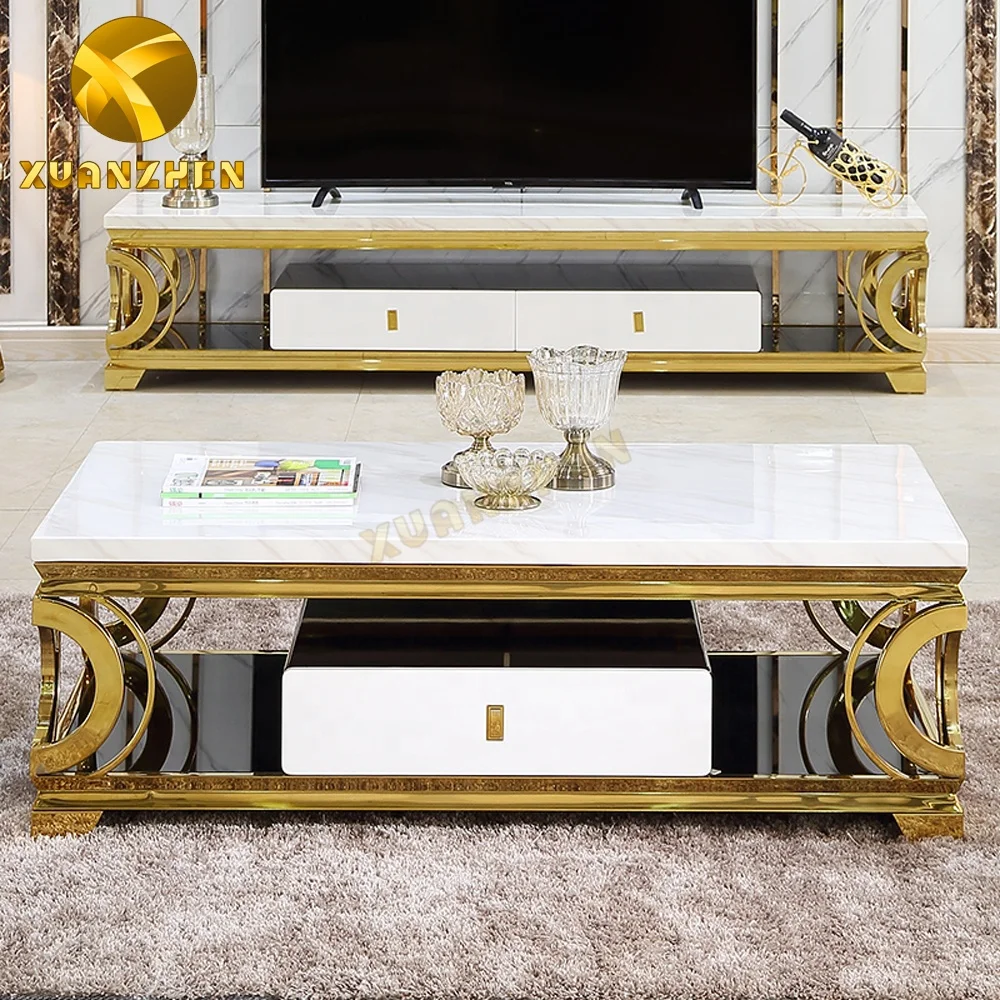 Metal furniture sets marble gold coffee table modern luxury coffee tables with drawer made in Foshan TT006
