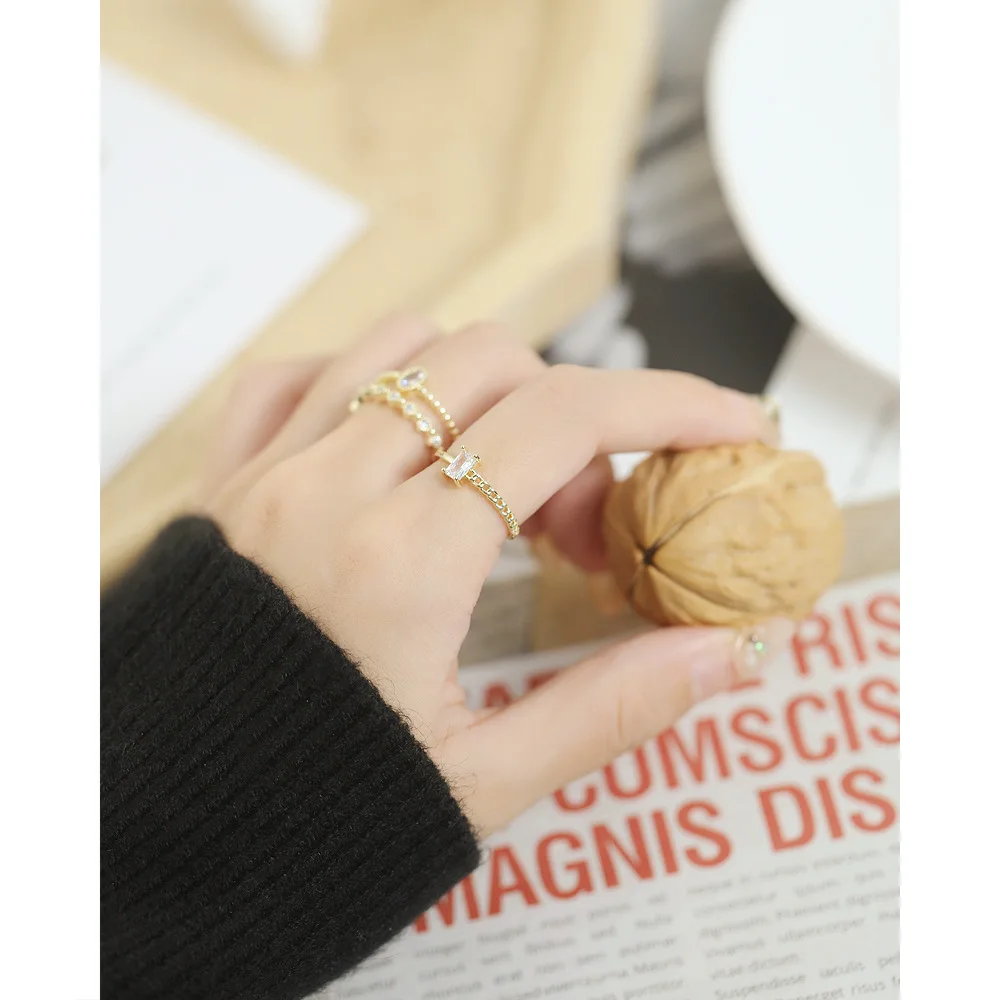 Chain Splicing Rings for Ladies Brass Gold Plated Cubic Zirconia Index Finger Adjustable Open Ring Women