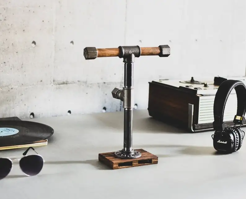 industrial headphones stand hanger by water pipe holder for music lover loft gift