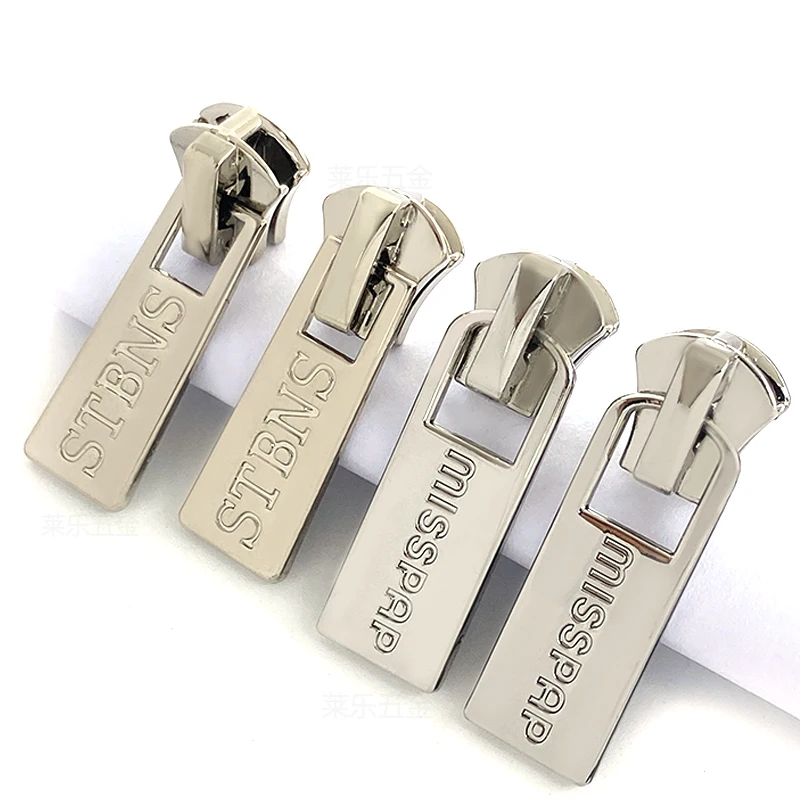 Custom Engraved Logo Metal Brand Zipper Pull bags Charms Wholesale Price Made Bag Metal Zipper Slider Puller For Garment