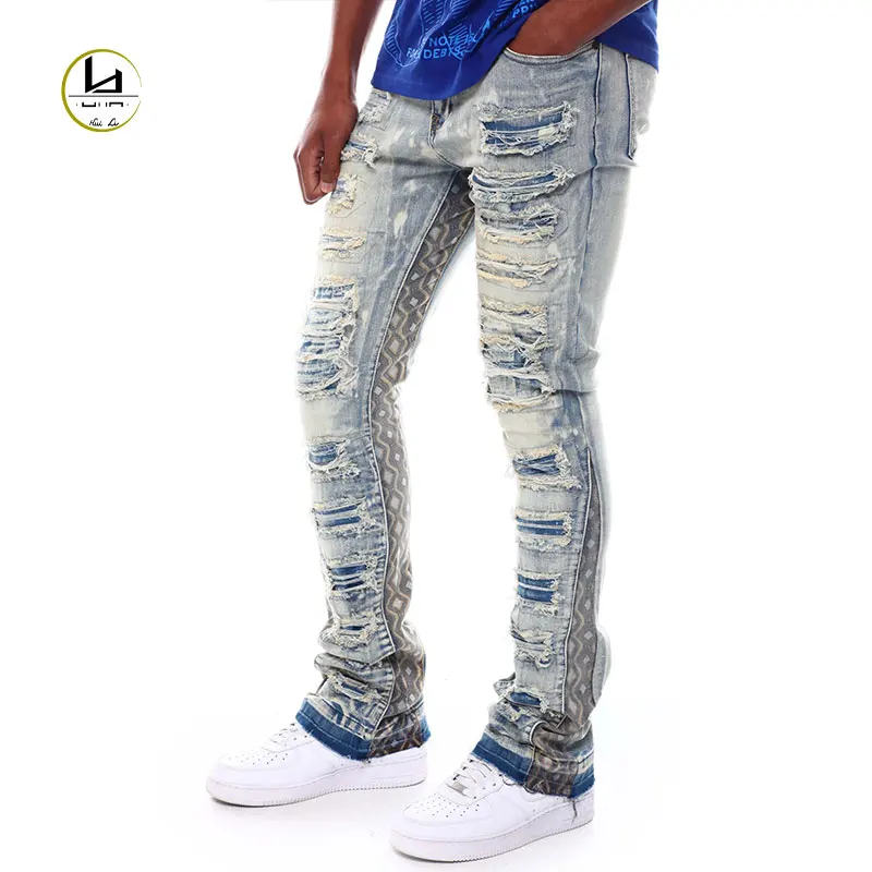 HL factory wholesale fashion street wear casual denim pants patterned patchwork jeans men distressed skinny jeans custom
