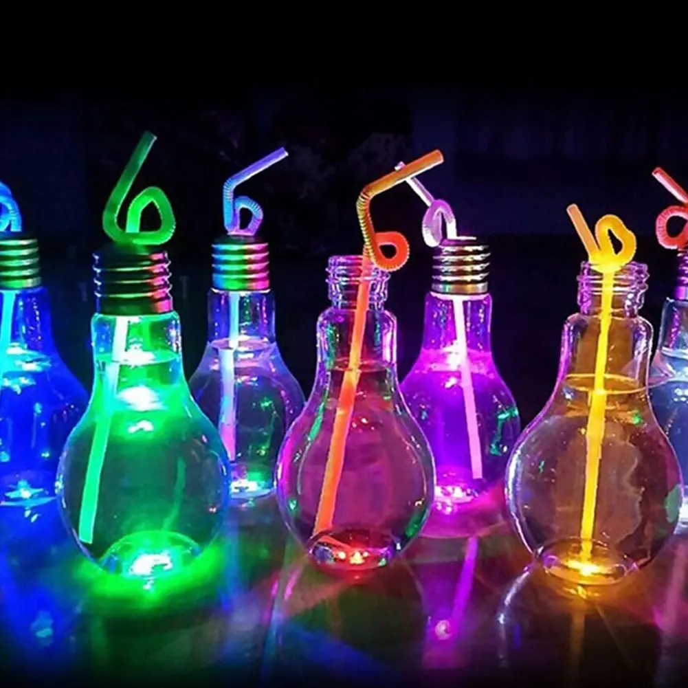 LED Light Bulb Shaped Plastic Cups for Parties Bottom Glowing Christmas Party Supplies Tea Cups & Saucers for Juice Water Drink