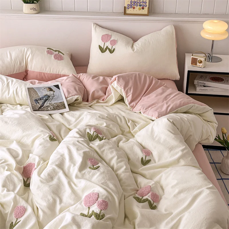 Luxury Washed Microfiber With Towel Embroidery Flower Flocking Duvet Cover Bedding Set