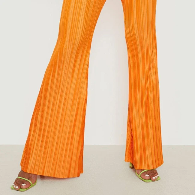 Spring Fall Stylish Plisse Outfits Women Drop Shoulder Shirt And Wide Leg Flared Pants Two Pieces Set